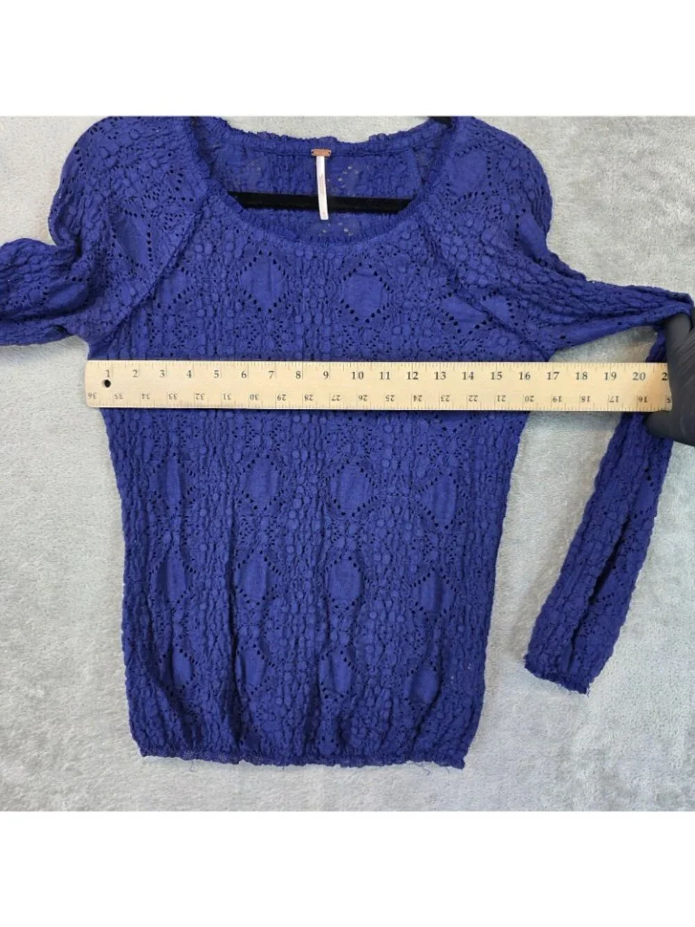Free People Sunny Pucker Lace Top Womens M Blue Long Sleeve Stretch Boho